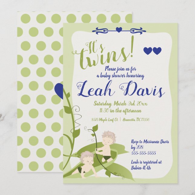 Convite primeiro aniversario, gêmeo Chá de fraldas doce de (Frente/Verso)