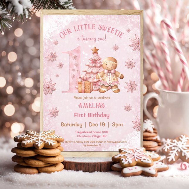 Convite primeiro aniversario Gingerbird Man Girl Rosa Nata (1st Birthday Gingerbread Man Girl Pink Christmas Invitation)