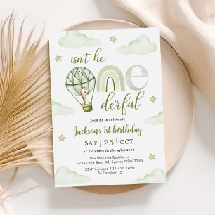 Convite Primeiro aniversario Giraffe Hot Air Balloon Green