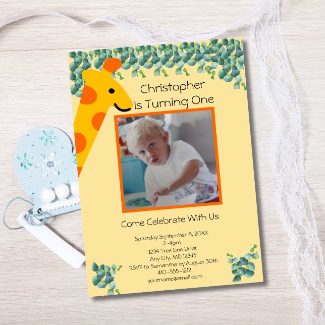 Convite Primeiro aniversario Giraffe Photo Boys (Giraffe Photo 1st Birthday invitation. Printed or digital download)