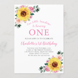 Convite primeiro aniversario Girassol Cor-de-rosa Floral U
