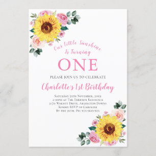 Convite primeiro aniversario Girassol Rosa Floral Um