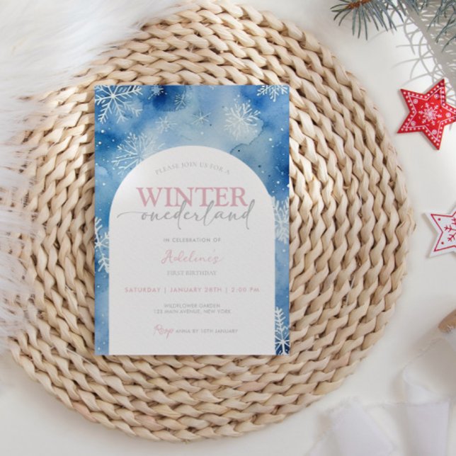 Convite primeiro aniversario Girl Winter Onederland Party  (Winter 1st Birthday Girl Template Editable Cute Watercolor Snowflake Winter ONEderland inivte girl)