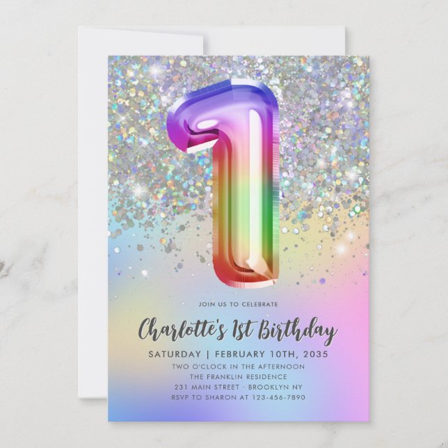 Convite Primeiro aniversario Glam Rainbow Glitter Foil Pas (Frente)