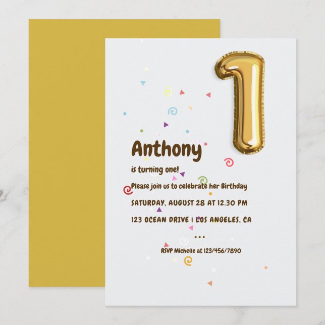 Convite Primeiro aniversario Gold Foil Balloon e Confetti (Frente/Verso)