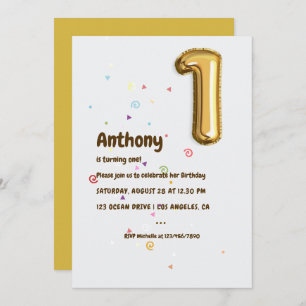 Convite Primeiro aniversario Gold Foil Balloon e Confetti