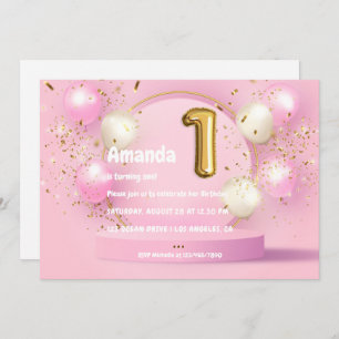 Convite Primeiro aniversario Gold Foil Balloon e Confetti