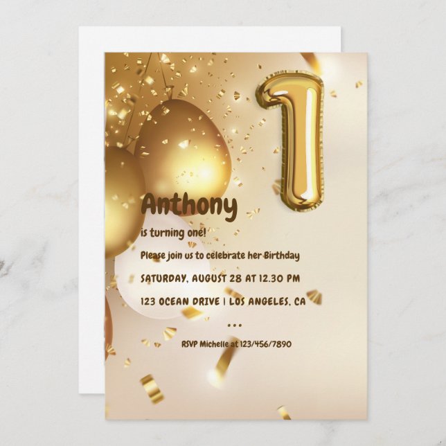 Convite Primeiro aniversario Gold Foil Balloon e Confetti (Frente/Verso)