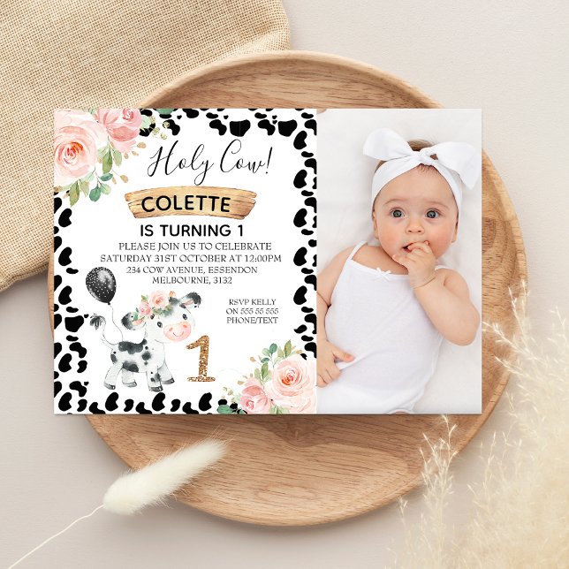 Convite Primeiro aniversario Impressão de de Fotografia Ro (Floral Holy Cow First Birthday Invitation Girl Photo, Cow Themed 1st Birthday Invitation Pink Floral)