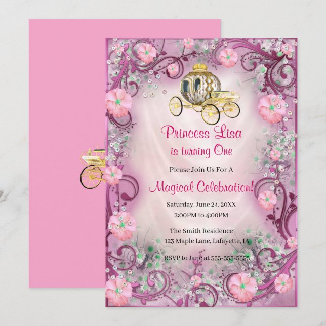 Convite Primeiro aniversario Incantada da Princesa Floral  (Frente/Verso)