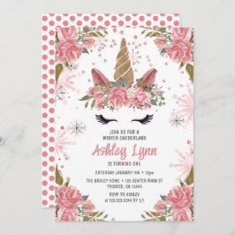 Convite Primeiro aniversario Inverno Unicorn - Cor-de-rosa