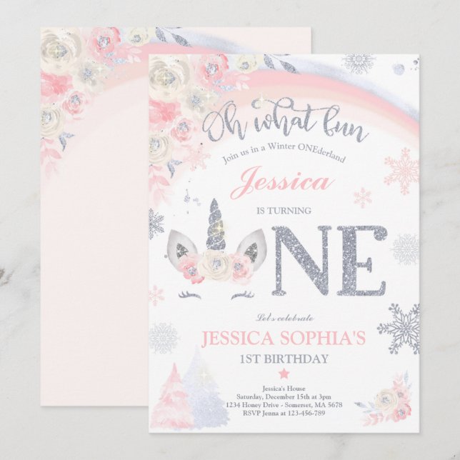 Convite Primeiro aniversario Inverno Unicórnio Rosa E Dour (Frente/Verso)