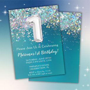 Convite primeiro aniversario Invitation Teal Silver Glitte