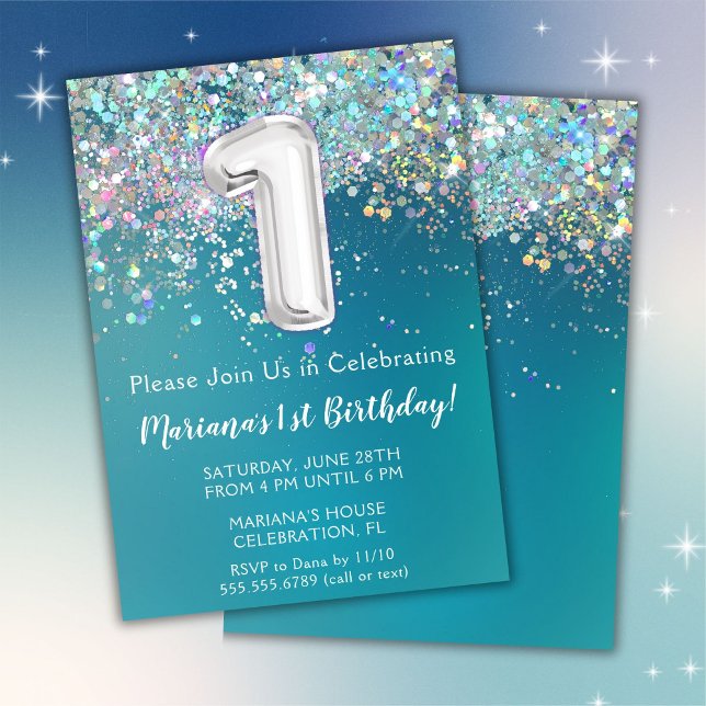 Convite primeiro aniversario Invitation Teal Silver Glitte (Criador carregado)
