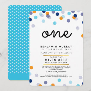 Convite primeiro aniversario INVITE na moda laranja azul