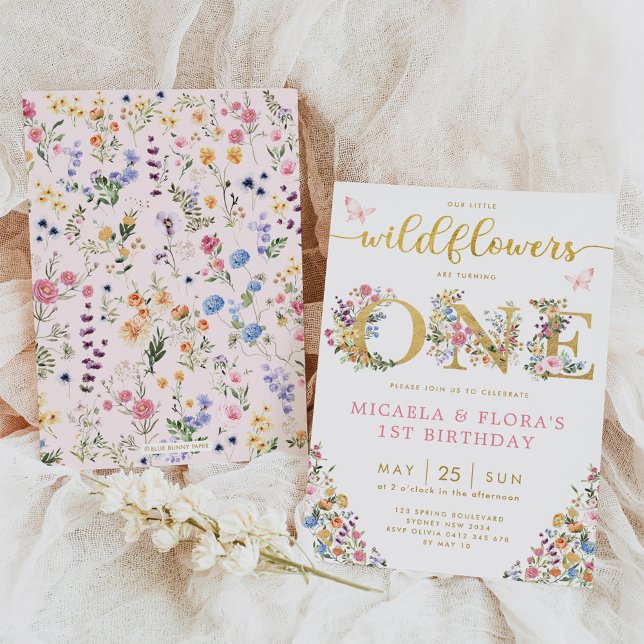 Convite Primeiro aniversario Irmã de Gêmeas de Flores Selv (Criador carregado)