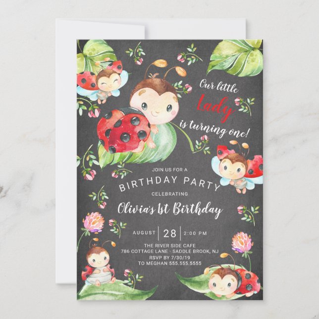 Convite Primeiro aniversario Lady Ladybug do Chalkboard (Frente)