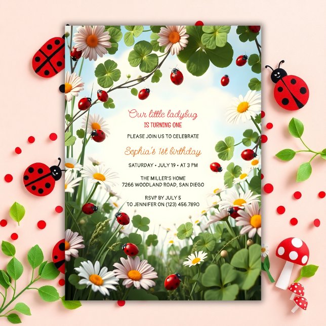 Convite Primeiro aniversario Ladybug do tema do jardim (Ladybug 1st Birthday Invitation – Garden Theme Party Invite for Baby Girl)