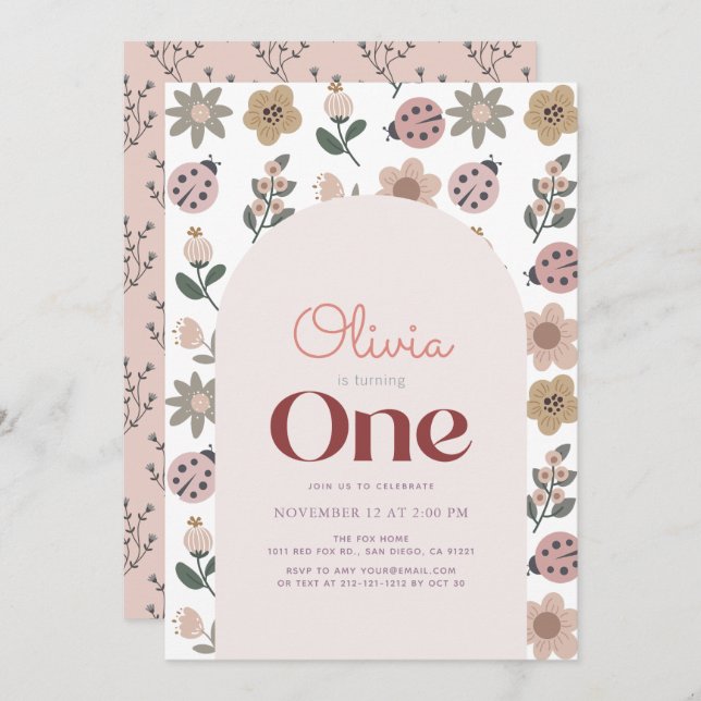 Convite Primeiro aniversario Ladybug e Flower Pattern (Frente/Verso)