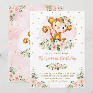 Convite Primeiro aniversario Macaco Blush Pink Floral Wild