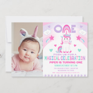 Convite Primeiro aniversario Magical Unicorn Girls Pink Ra
