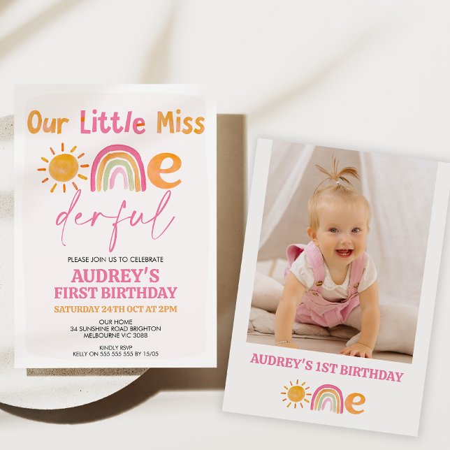 Convite Primeiro aniversario Maravilhoso da Miss Arco-Íris (Our little miss onederful 1st birthday invitation baby girl, Sun and rainbow, Miss onderfu invite)