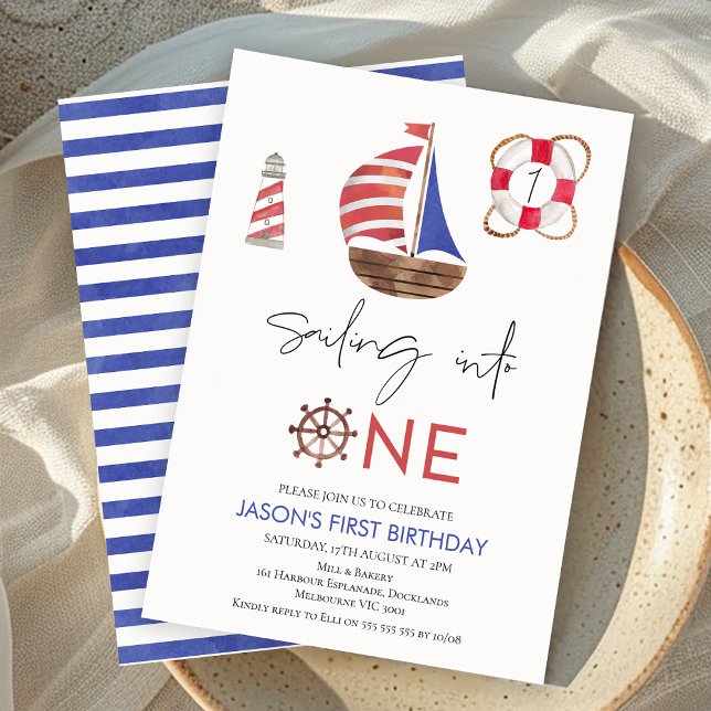 Convite primeiro aniversario marinho de Barcos de Navegaçã (Nautical Sailing Into 1st Birthday Invite Boy Sailing Boats Party Invitation Printable Navy Blue Red)