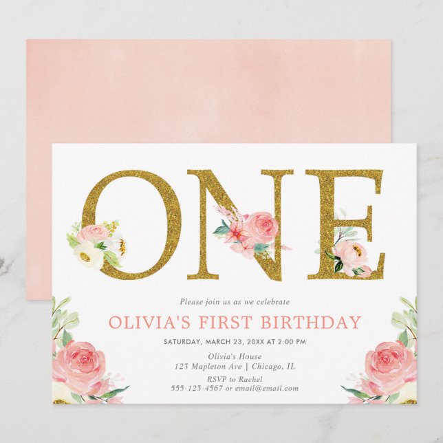 Convite Primeiro aniversario-menina cor-de-rosa-claro e fl (Frente/Verso)