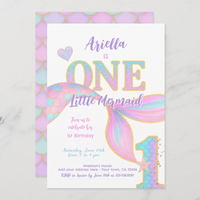 Convite Primeiro aniversario Mermaid (Frente/Verso)