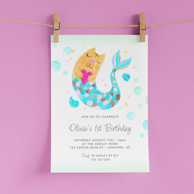 Convite Primeiro aniversario Mermaid MerCat Cute Watercolo (Criador carregado)