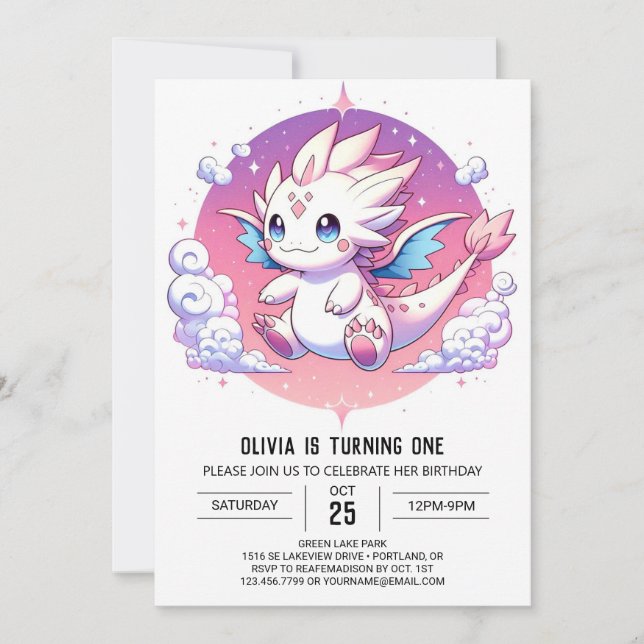 Convite Primeiro aniversario Mítico de Pastel Dragon (Frente)