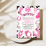Convite Primeiro aniversario Moderno de Gêmeos Disco Rosa-<br><div class="desc">Gêmeos Disco Rosa Quente Moderno Gêmeos Cowgirl primeiro aniversario Convite Rodeio rosa quente colorida, ocidental, cowgirl qualquer convite para o aniversário de uma garota gêmea com bola de disco, chapéu de cowgirl, botas de cowgirl, escull, impressão de vaca e muito mais. A palavra howdy é parte da imagem e não...</div>