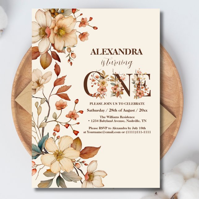 Convite Primeiro aniversario moderno de guincho de flor si (Criador carregado)