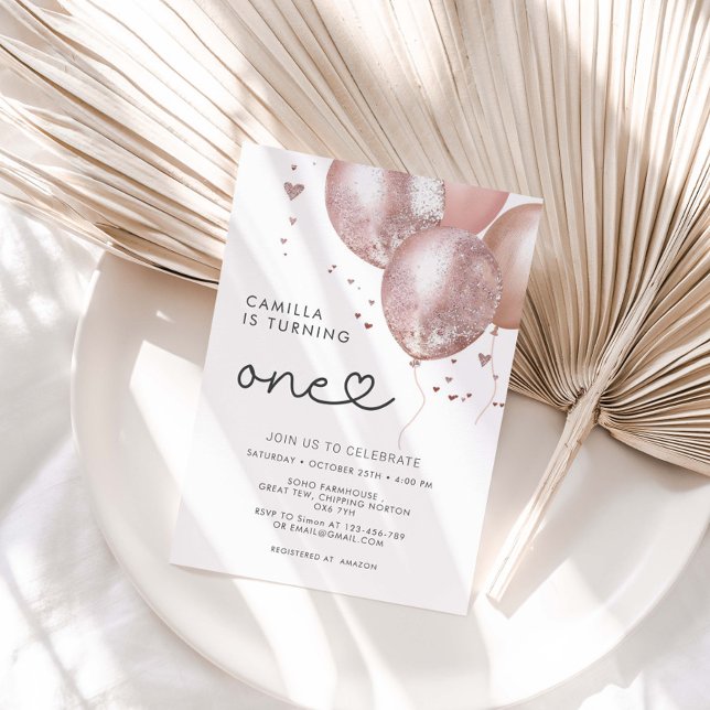 Convite primeiro aniversario Moderno do Balão Rosa (Criador carregado)