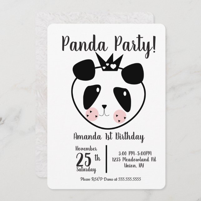 Convite primeiro aniversario Moderno - Panda Cute (Frente/Verso)