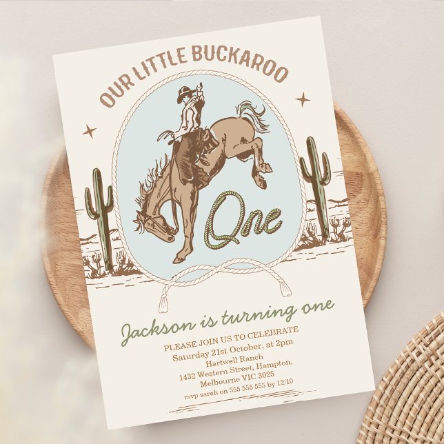 Convite Primeiro aniversario Ocidental Vintage Blue Buckar (Little Buckaroo 1st Birthday Invitation Boy, Desert Horse Wild West Rope text Cowboy 1st Birthday)