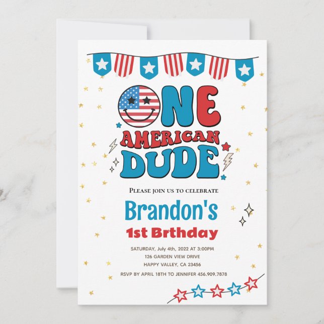 Convite primeiro aniversario One American Dude Boy em 4 de (Frente)
