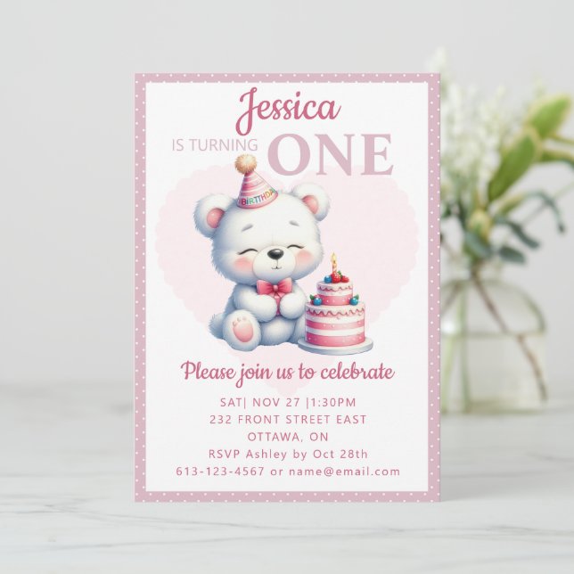 Convite Primeiro aniversario para crianças de Urso Bonito (Em pé/Frente)