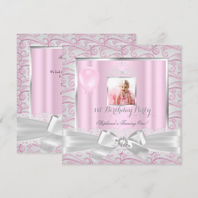 Convite primeiro aniversario Party Girls - Diamantes Rosa  (Frente/Verso)