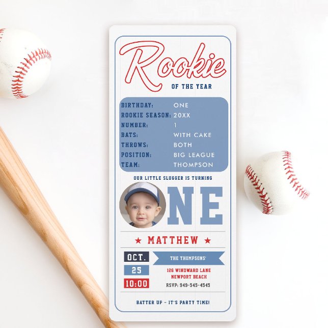 Convite Primeiro aniversario Pic Ticket Boy do Baseball Ro (baseball 1st birthday invite boy little slugger rookie of the year player stats ticket template)