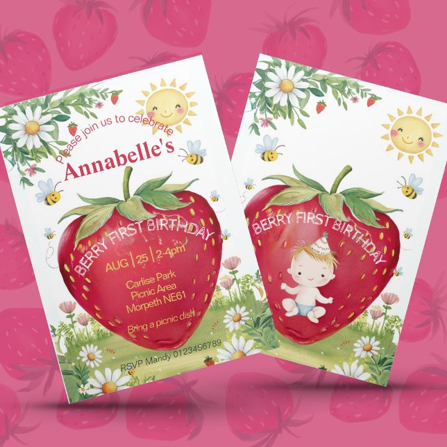 Convite Primeiro Aniversário Picnic De Morango Doce Um Ver (Criador carregado)