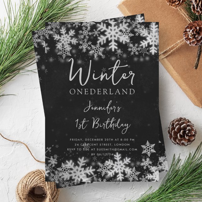 Convite Primeiro aniversario preto de prata simples do inv (Simple Silver Black Winter ONEDERLAND 1st Birthday Invitation)