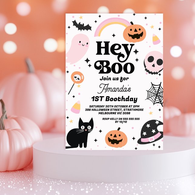 Convite Primeiro aniversario preto-rosa-retrô (Hey Boo Halloween 1st Birthday Invitation Black Cat Pink Ghost, Boo Retro Halloween Birthday Girl)