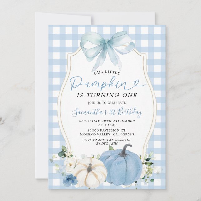 Convite Primeiro aniversario Pumpkin Gingham Azul Pastel (Frente)