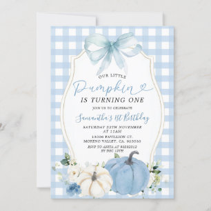 Convite Primeiro aniversario Pumpkin Gingham Azul Pastel