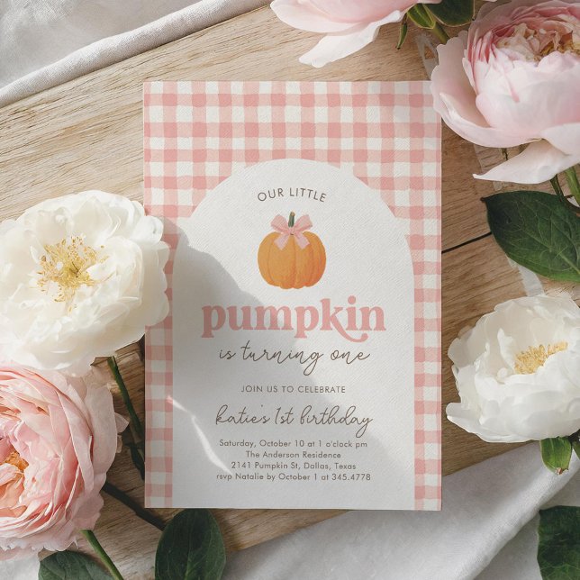 Convite Primeiro aniversario Pumpkin Rosa Gingham (Criador carregado)