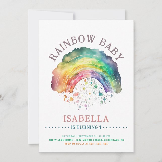 Convite Primeiro aniversario Rainbow Baby Cute Watercolor  (Frente)