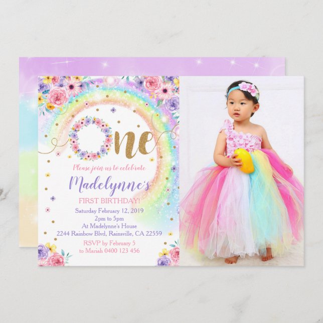 Convite Primeiro aniversario Rainbow Photo Invitation Rain (Frente/Verso)