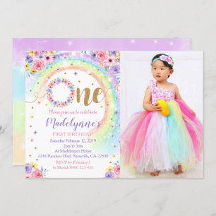 Convite Primeiro aniversario Rainbow Photo Invitation Rain