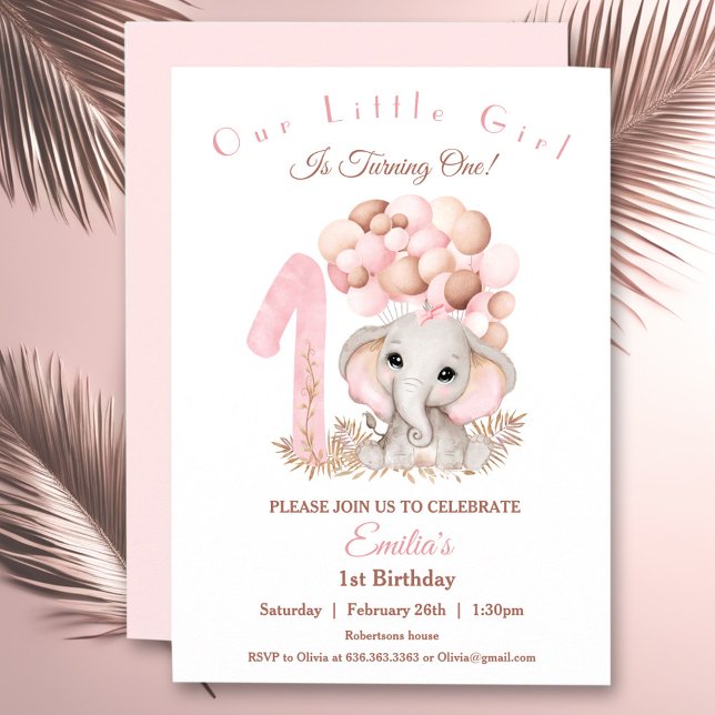 Convite Primeiro Aniversário Rapariga Gelada Elefante Rosa (First Birthday Girl Cute Elephant Pink Invitation)